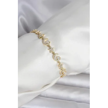 Pirinç Gold Renk Zirkon Taşlı Ay ve Yıldız Model Kadın Bileklik