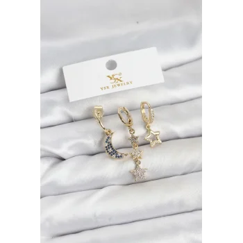 Pirinç Gold Renk Zirkon Taşlı Ay ve Yıldız Model YSX Trio Küpe Seti
