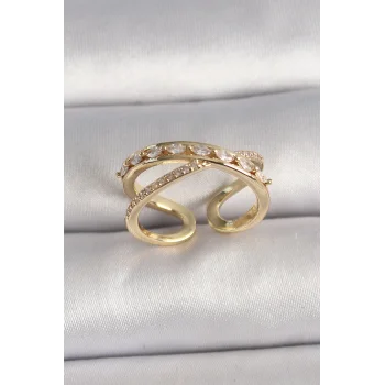 Pirinç Gold Renk Zirkon Taşlı Ayarlanabilir Kadın Yüzük