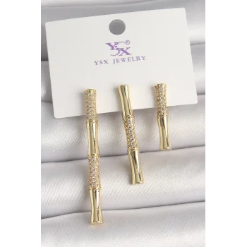 Pirinç Gold Renk Zirkon Taşlı Bambu Model 3Lü Kadın Kombin Küpe