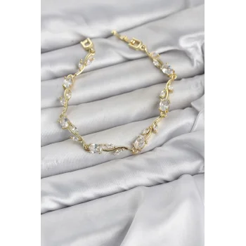 Pirinç Gold Renk Zirkon Taşlı Çiçek Model Kadın Bileklik