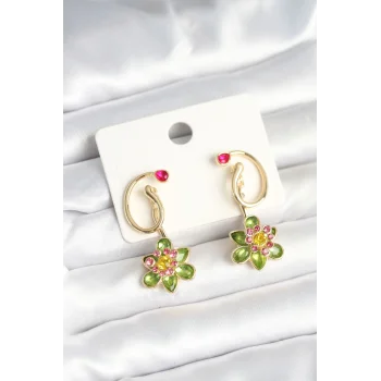 Pirinç Gold Renk Zirkon Taşlı Çiçek Model Kadın Küpe
