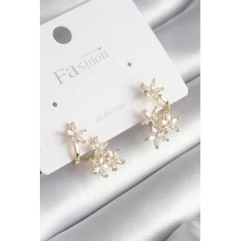 Pirinç Gold Renk Zirkon Taşlı Çiçek Tasarım Kadın Küpe