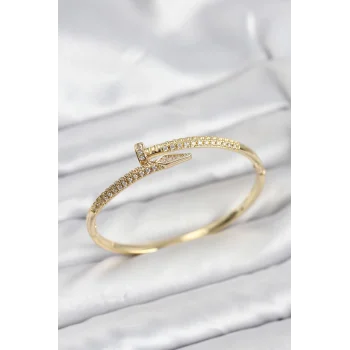 Pirinç Gold Renk Zirkon Taşlı Çivi Model Kadın Kelepçe Bileklik