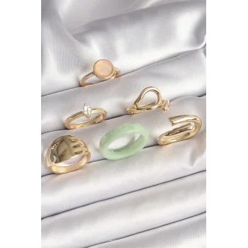 Pirinç Gold Renk Zirkon Taşlı Daire Pembe Mineli Detay 6Lı Kadın Yüzük Seti