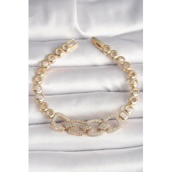 Pirinç Gold Renk Zirkon Taşlı Daire Zincir Model Kadın Bileklik