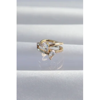 Pirinç Gold Renk Zirkon Taşlı Damla Earcuff Küpe