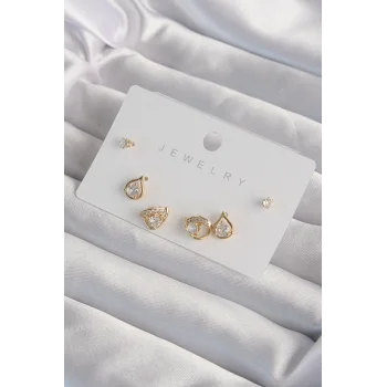 Pirinç Gold Renk Zirkon Taşlı Damla Model Küpe Seti