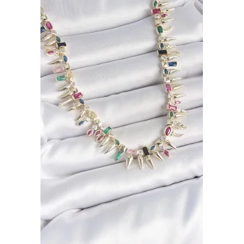 Pirinç Gold Renk Zirkon Taşlı Diken Model VIP Seri Kadın Kolye