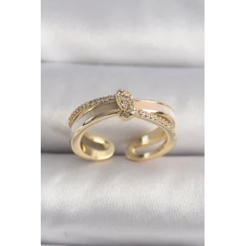 Pirinç Gold Renk Zirkon Taşlı Düğüm Model VIP Seri Kadın Yüzük
