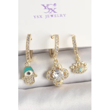 Pirinç Gold Renk Zirkon Taşlı Fatma Ana El Yonca Figür Göz Detay 3Lü Kadın Kombin Küpe