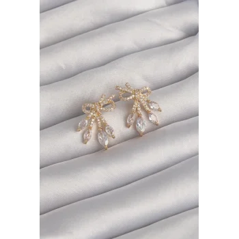 Pirinç Gold Renk Zirkon Taşlı Fiyonk Küpe