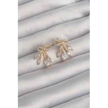 Pirinç Gold Renk Zirkon Taşlı Fiyonk Küpe