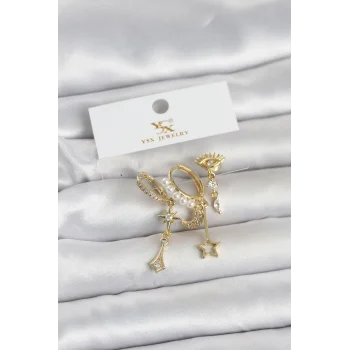 Pirinç Gold Renk Zirkon Taşlı Gece Temalı 3lü Kadın Küpe