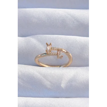 Pirinç Gold Renk Zirkon Taşlı Geometrik Ayarlanabilir Yüzük