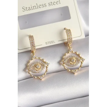 Pirinç Gold Renk Zirkon Taşlı Göz Model Kadın Küpe