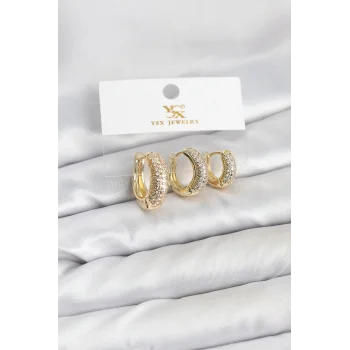 Pirinç Gold Renk Zirkon Taşlı Halka Model YSX Trio Küpe Seti