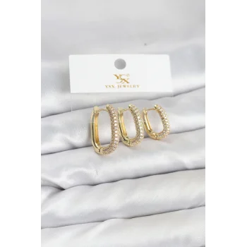 Pirinç Gold Renk Zirkon Taşlı Halka Model YSX Trio Küpe Seti