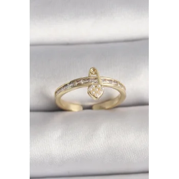 Pirinç Gold Renk Zirkon Taşlı İnci Detay Kilit Kalp Figür Ayarlanabilir Yüzük