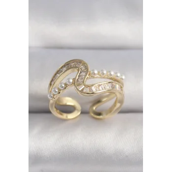 Pirinç Gold Renk Zirkon Taşlı İnci Detay VIP Seri Kadın Yüzük