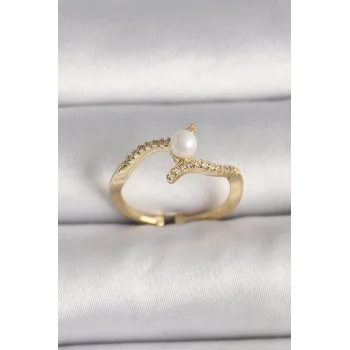 Pirinç Gold Renk Zirkon Taşlı İncili Ayarlanabilir Yüzük