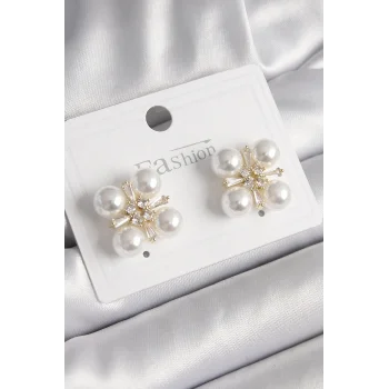 Pirinç Gold Renk Zirkon Taşlı İncili Kadın Küpe