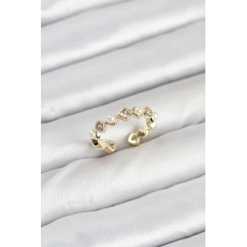 Pirinç Gold Renk Zirkon Taşlı İncili Kadın Yüzük