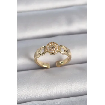 Pirinç Gold Renk Zirkon Taşlı İncili Kalp İşleme Detay Ayarlanabilir Kadın Yüzük