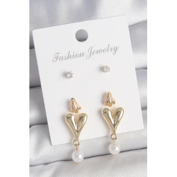 Pirinç Gold Renk Zirkon Taşlı İncili Sallantılı Kalp Model 3 Çift Kadın Küpe Seti