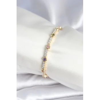 Pirinç Gold Renk Zirkon Taşlı Kadın Bileklik