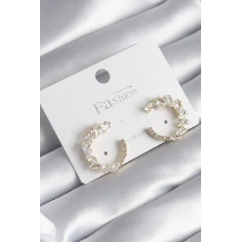 Pirinç Gold Renk Zirkon Taşlı Kadın Küpe