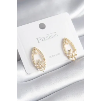 Pirinç Gold Renk Zirkon Taşlı Kadın Küpe