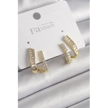 Pirinç Gold Renk Zirkon Taşlı Kadın Küpe