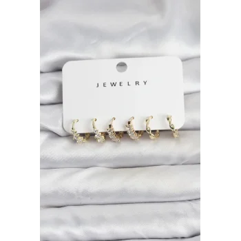 Pirinç Gold Renk Zirkon Taşlı Kadın Küpe Seti