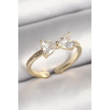 Pirinç Gold Renk Zirkon Taşlı Kalp Fiyonk Model Kadın Yüzük