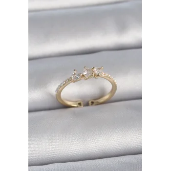 Pirinç Gold Renk Zirkon Taşlı Kalp İnci Detaylı Ayarlanabilir Model Kadın Yüzük