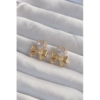 Pirinç Gold Renk Zirkon Taşlı Kalp Model Fiyonk Küpe
