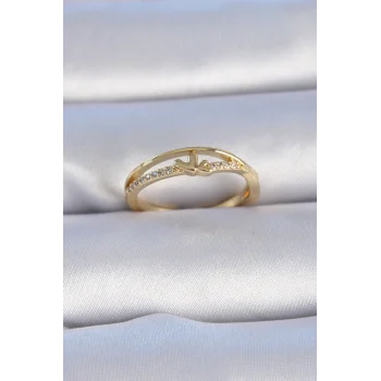 Pirinç Gold Renk Zirkon Taşlı Kalp Model Kadın Yüzük