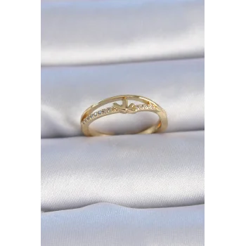 Pirinç Gold Renk Zirkon Taşlı Kalp Model Kadın Yüzük