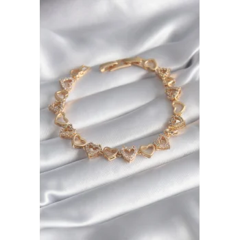Pirinç Gold Renk Zirkon Taşlı Kalp Model VIP Seri Kadın Bileklik