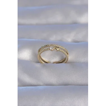 Pirinç Gold Renk Zirkon Taşlı Kalpli Su Yolu Model Ayarlanabilir Yüzük