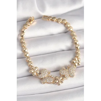 Pirinç Gold Renk Zirkon Taşlı Kelebek Figür Çiçek Zincir Model Kadın Bileklik
