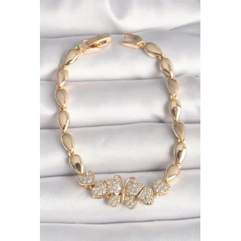 Pirinç Gold Renk Zirkon Taşlı Kelebek Figür Damla Zincir Model Kadın Bileklik