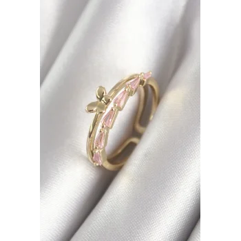 Pirinç Gold Renk Zirkon Taşlı Kelebek Figür Kadın Yüzük