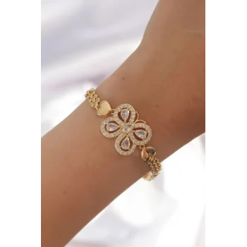 Pirinç Gold Renk Zirkon Taşlı Kelebek Figürlü Parçalı Model Bileklik