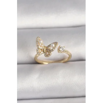 Pirinç Gold Renk Zirkon Taşlı Kelebek Model İnci Detay Ayarlanabilir Yüzük