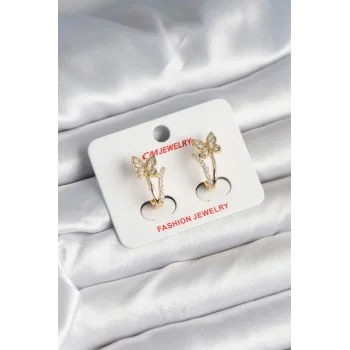 Pirinç Gold Renk Zirkon Taşlı Kelebek Model Kadın Küpe