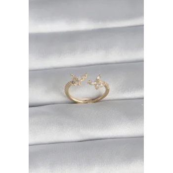 Pirinç Gold Renk Zirkon Taşlı Kelebek Model Kadın Yüzük
