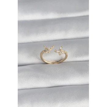 Pirinç Gold Renk Zirkon Taşlı Kelebek Model Kadın Yüzük