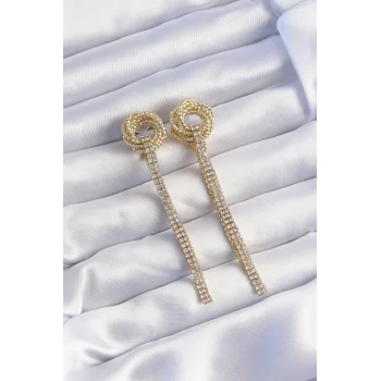 Pirinç Gold Renk Zirkon Taşlı Kıvrım Detay Sallantılı Küpe